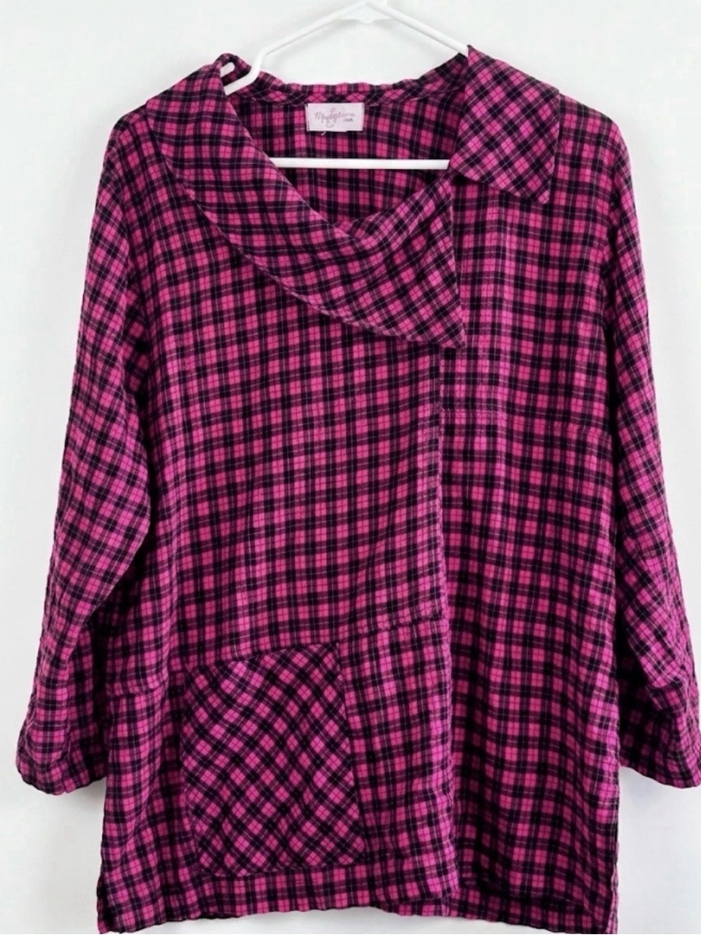 Mosaic USA Pink Black Plaid Seersucker Crinkle Top Lagenlook Asymmetrical Collar